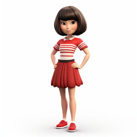 the cartoon woman stands confidently against a pure white background, showcasing her vibrant personality through her bright facial expression and trendy bob with bangs hairstyle, complete with a stylish outfit and dynamic pose, perfect for illustrations, animations, and digital designs. ai generatedの素材