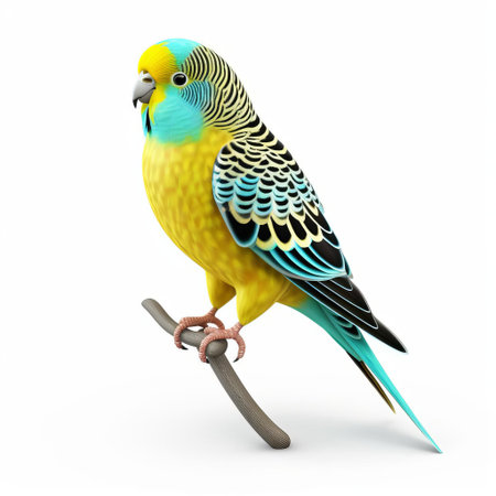the budgerigar, also known as a budgie or parakeet, perches confidently on a pristine white background, showcasing its vibrant plumage and petite yet sturdy full body, perfect for bird enthusiasts and graphic designers seeking high-quality 3d models for their projects. ai generatedの素材