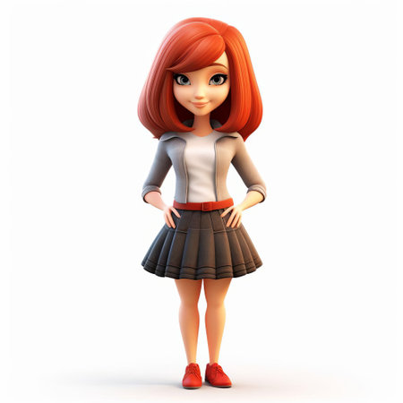 the cartoon woman stands confidently against a pristine white background, showcasing her vibrant personality through her stylish blunt cut hairstyle, bold fashion sense, and playful facial expression, perfect for illustrations, animations, and digital designs requiring a fun and lively female character. ai generatedの素材