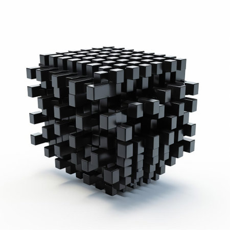 the 3d array, a complex geometric structure, stands isolated on a pristine white background, showcasing its intricate details and full body shape, perfect for visualizing data analysis, scientific simulations, and mathematical modeling concepts in a clean and minimalist environment. ai generatedの素材