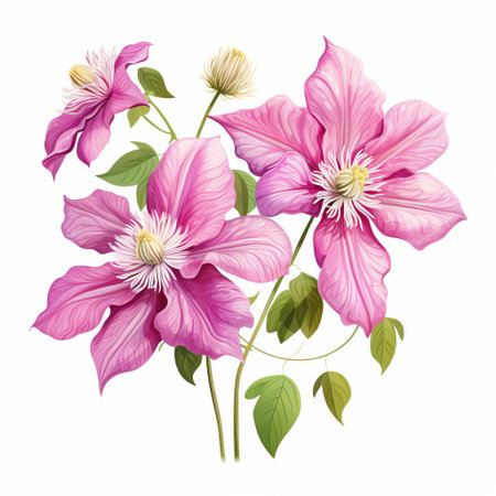 the clematis flower is showcased in this high-quality, realistic photo, boasting great detail and vibrant colors, isolated on a pristine white background, perfect for botanical enthusiasts, gardeners, and nature lovers to appreciate its intricate beauty and delicate petals. ai generatedの素材