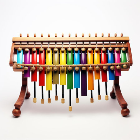 the marimba, a vibrant musical instrument, stands out against a crisp white background, its resonating tubes and mallets ready to produce a harmonious melody, evoking feelings of joy and creativity, perfect for music lovers and enthusiasts of percussion instruments. ai generatedの素材