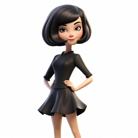 the cartoon woman stands confidently against a crisp white background, showcasing her vibrant personality through her stylish chin-length bob hairstyle, accentuating her bright facial features and slender physique, perfect for illustrations, animations, and digital designs. ai generatedの素材