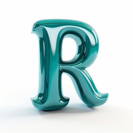 the vibrant teal 3d cartoon letter r pops against a crisp white background, adding a playful touch to any design or project, perfect for creative typography, logos, and branding, evoking a sense of fun and modernity in digital art and graphic design. ai generatedの素材