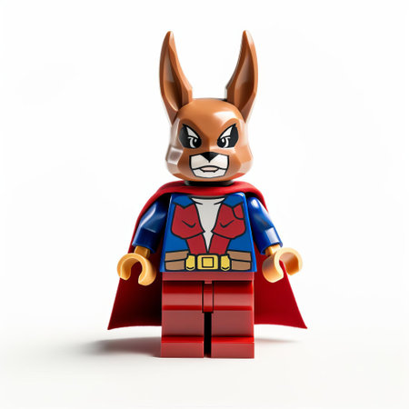 this vibrant lego rabbit superhero stands proudly isolated on a crisp white background, showcasing its full body in a dynamic pose, clad in a colorful costume, ready to save the day with its superpowers, exuding fun and playfulness in a whimsical scene perfect for kids and adults alike. ai generatedの素材