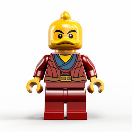 this vibrant lego duck superhero stands proudly on a crisp white background, showcasing its full body in a bold and colorful display of creativity, perfect for fans of lego minifigures, superheroes, and whimsical photography, evoking a sense of fun and imagination. ai generatedの素材