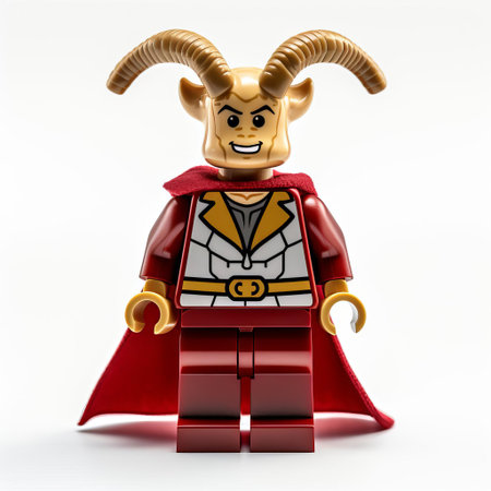 this colorful lego goat superhero stands proudly isolated on a crisp white background, showcasing its vibrant full-body costume and dynamic pose, perfect for fans of lego figures, superhero enthusiasts, and anyone who loves whimsical and playful characters. ai generatedの素材