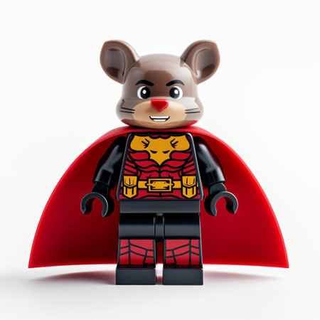 the lego rat superhero, dressed in a vibrant costume, stands confidently on a pristine white background, showcasing its full body in a dynamic pose, ready to save the day with its miniature yet mighty presence, exuding fun and playfulness in this creative and imaginative scene. ai generatedの素材