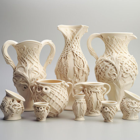 belleek pottery, a renowned irish ceramic brand, sits elegantly against a pristine white background, showcasing its intricate parian porcelain details and delicate ornate patterns, evoking a sense of vintage charm and sophistication, perfect for antique collectors and enthusiasts of fine china and tableware. ai generatedの素材