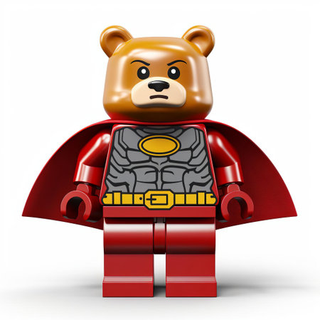 the lego bear superhero stands proudly on a pristine white background, its vibrant colors and intricate details showcased in stunning clarity, capturing the imagination of fans of all ages with its endearing expression and dynamic pose, perfect for enthusiasts of lego figures and superhero fans alike. ai generatedの素材