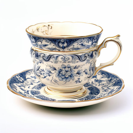 the delicate english china teacup sits elegantly on a pristine white background, showcasing its intricate floral patterns and dainty handle, evoking a sense of sophistication and refinement, perfect for a vintage-inspired afternoon tea setting or a rustic country kitchen decor. ai generatedの素材