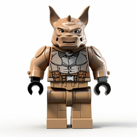 rhinoceros superhero, crafted from vibrant lego bricks, stands proudly isolated on a crisp white background, showcasing its mighty full body pose, ready to charge into action, blending wildlife and fantasy elements in a unique and imaginative way. ai generatedの素材