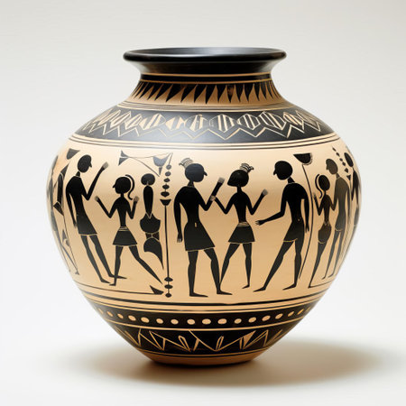ancient greek black-figure pottery stands out against a crisp white background, showcasing its intricate red and black designs, depicting mythological scenes and figures, exemplifying the skillful craftsmanship of ancient athenian potters, highlighting the iconic style of the 6th and 5th centuries bce. ai generatedの素材