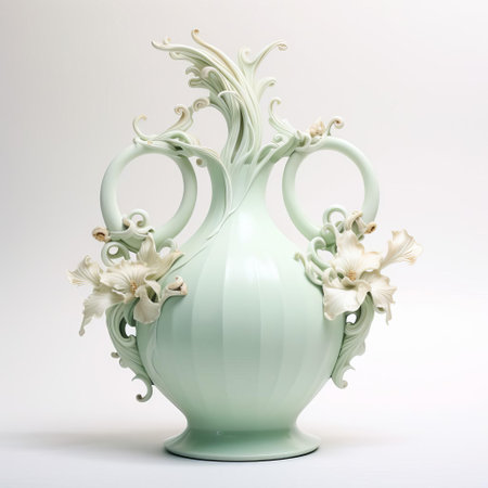 celadon ceramics sit elegantly against a pristine white background, showcasing their delicate, pale green glaze and intricate, hand-painted designs, evoking a sense of serenity and refinement, perfect for asian-inspired home decor and traditional chinese art enthusiasts. ai generatedの素材