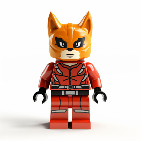 the lego fox superhero stands proudly on a pristine white background, showcasing its vibrant orange and yellow costume, complete with a flowing cape and dynamic pose, highlighting its superhero strength and agility, perfect for fans of lego minifigures and superhero enthusiasts alike. ai generatedの素材