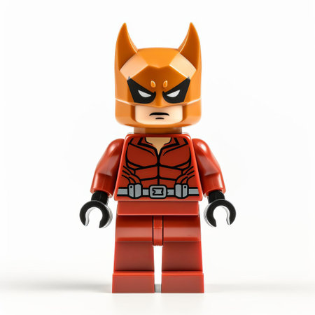 the lego fox superhero stands proudly on a crisp white background, showcasing its vibrant orange and yellow costume, complete with a flowing cape and dynamic pose, capturing the essence of a miniature action hero, perfect for fans of lego minifigures and superhero enthusiasts alike. ai generatedの素材