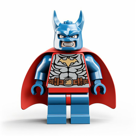 this mighty lego rhinoceros superhero stands proudly isolated on a white background, showcasing its full body in a dynamic pose, ready to save the day with its vibrant colors and powerful build, evoking a sense of fun and imagination in kids and adults alike. ai generatedの素材