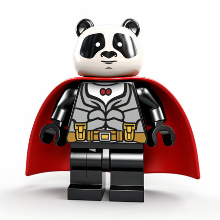 the lego panda superhero, dressed in a vibrant costume, stands proudly on a crisp white background, showcasing its full body in a dynamic pose, highlighting its unique blend of cute and powerful features, perfect for fans of lego toys and superhero enthusiasts alike. ai generatedの素材