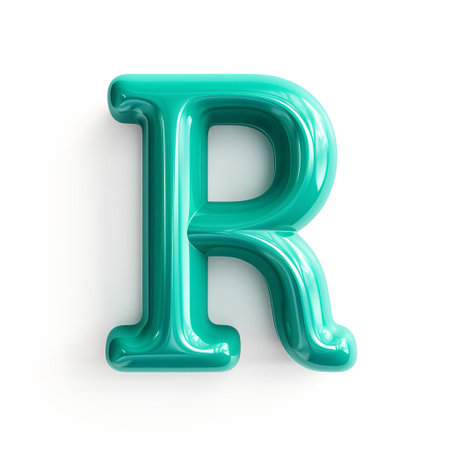 the vibrant teal 3d cartoon letter r stands out against a crisp white background, adding a pop of color and whimsy to any design or project, perfect for illustrations, logos, or educational materials, and ideal for those who love playful typography and bold graphics. ai generatedの素材