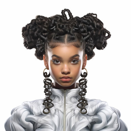 abigail, a stunning 3d model, poses confidently against a crisp white background, showcasing her beautiful bantu knots hairstyle, a traditional african style that adds an extra layer of elegance to her already striking features, perfect for 3d art, fashion, and cultural inspiration. ai generatedの素材