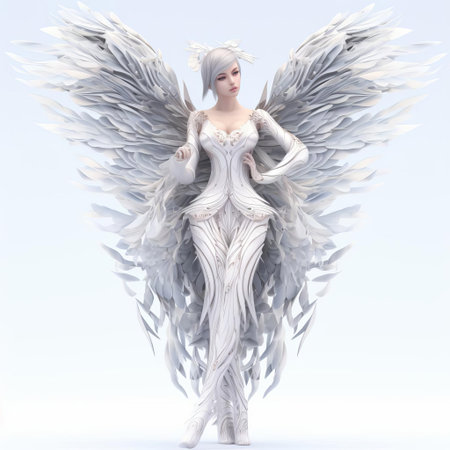 the 3d aria model stands majestically against a pristine white background, showcasing her stunning full-body figure adorned with intricate feathered details, evoking a sense of ethereal beauty and mystique, perfect for fantasy and mythological art enthusiasts. ai generatedの素材