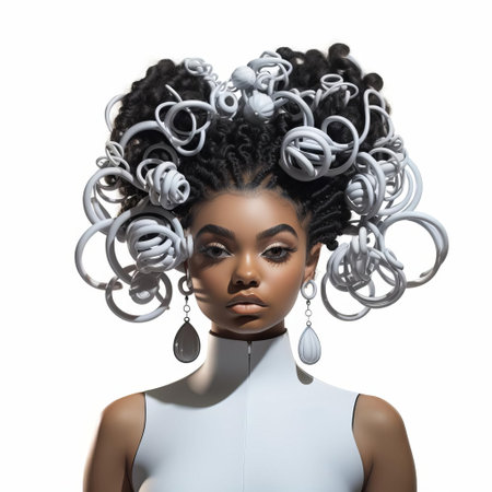 abigail, a stunning 3d model, poses confidently against a crisp white background, showcasing her beautiful bantu knots hairstyle, a traditional african style that adds an extra layer of elegance to her already striking features, perfect for 3d art, fashion, and cultural inspiration. ai generatedの素材