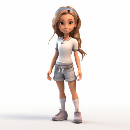abigail, a stunning 3d model, poses confidently against a crisp white background, her luscious hair styled in a sleek ponytail, showcasing her intricate facial features and athletic physique, perfect for 3d art, animation, and digital design projects focused on realistic female characters. ai generatedの素材