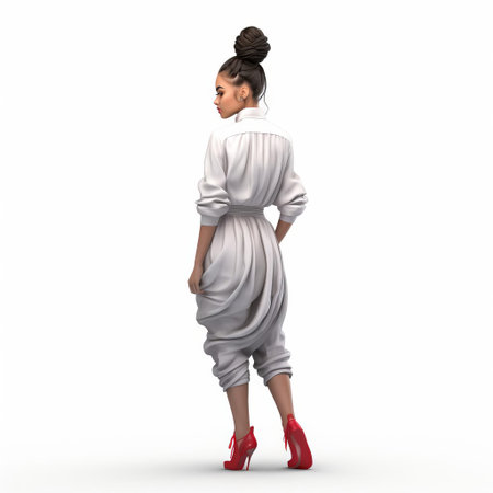 mila, a stunning 3d model, poses confidently against a crisp white background, showcasing her slender figure and intricate details, her dark hair tied up in a messy bun, exuding a sense of relaxed elegance and sophistication in this high-quality digital art rendering. ai generatedの素材