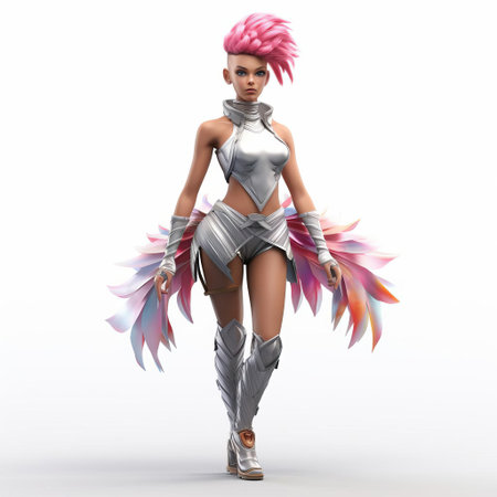layla, a stunning 3d model, poses confidently in a full-body shot against a crisp white background, showcasing her edgy personality with a vibrant mohawk hairstyle, perfect for futuristic and sci-fi themed designs and digital art projects. ai generatedの素材