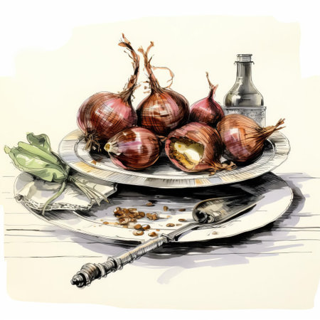 a rustic plate of caramelized onions sits atop a wooden bar, surrounded by the warm ambiance of a cozy pub, evoking feelings of comfort food and social gatherings, perfect for a relaxing evening with friends or a romantic dinner date, highlighting the beauty of simple, flavorful cuisine. ai generatedの素材