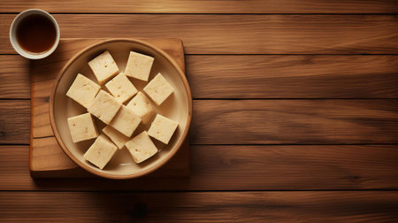 tofu sits elegantly on a rustic wood table, its creamy white texture and soft curves contrasting beautifully with the natural grain of the wooden surface, evoking a sense of healthy eating and sustainable living, perfect for vegan and vegetarian cuisine enthusiasts. ai generatedの素材
