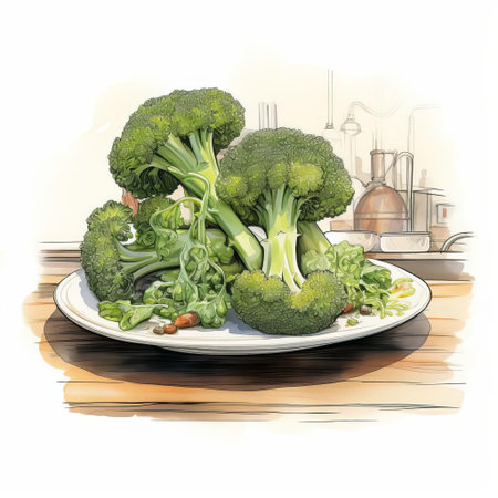 a vibrant sketch of a plate of broccoli on a rustic wooden bar, surrounded by subtle shadows, showcases the artist's attention to detail and love for still life art, highlighting the healthy and nutritious appeal of this popular green vegetable in a cozy setting. ai generatedの素材