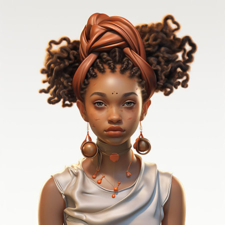 abigail, a stunning 3d model, poses confidently against a crisp white background, showcasing her striking features and beautiful bantu knots hairstyle, a traditional african hairdo that adds an extra layer of elegance and cultural significance to this captivating digital portrait. ai generatedの素材