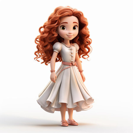 amelia, a stunning 3d model, stands confidently against a crisp white background, showcasing her luscious wavy hair and intricate details, perfect for 3d art, animation, and graphic design projects, evoking a sense of elegance and sophistication in digital art. ai generatedの素材