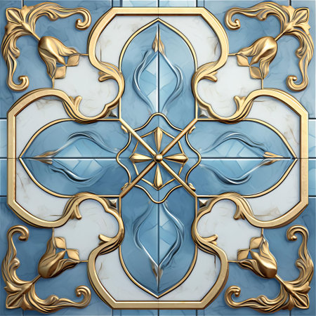 the tile tutorial features a stunning subtle blue color palette, elegantly elevated by gold accents, providing a sophisticated and luxurious ambiance, perfect for homeowners seeking to add a touch of glamour to their bathroom or kitchen renovation projects, while also exploring diy decorative ideas. ai generatedの素材