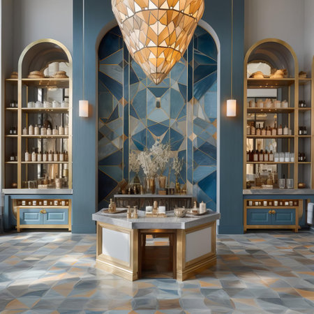 the tile store features a serene atmosphere with its subtle blue color palette, elegantly complemented by gold accents, creating a sophisticated ambiance that invites customers to explore the vast selection of premium tiles, perfect for bathroom, kitchen, and living room renovations. ai generatedの素材