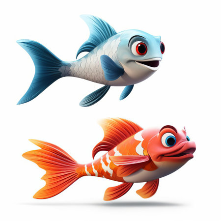the koi zander, a vibrant freshwater fish, is majestically showcased in profile view, its full body glistening with iridescent scales, set against a pristine white isolated background, expertly crafted using cutting-edge pixar 3d technology to highlight its intricate details and mesmerizing colors. ai generatedの素材