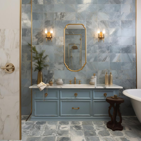 the tile store features a serene ambiance with its subtle blue color palette, elegantly complemented by gold accents, creating a sophisticated atmosphere perfect for homeowners and designers seeking luxurious bathroom and kitchen renovation ideas, tile inspiration, and interior design concepts. ai generatedの素材