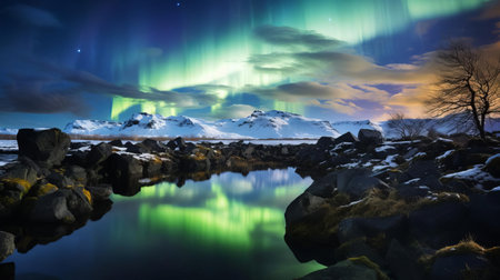 the aurora borealis, also known as the northern lights, illuminates the night sky in a breathtaking display of colorful lights, captured in this stunning landscape gardening photograph, showcasing the natural beauty of the phenomenon, taken by an award-winning photographer with exceptional skill and precision. ai generatedの素材