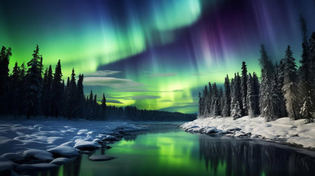 the aurora borealis, also known as the northern lights, illuminates the night sky with vibrant hues of green and purple, set against a backdrop of dark silhouetted trees, capturing the essence of landscape gardening in this breathtaking, award-winning photograph. ai generatedの素材