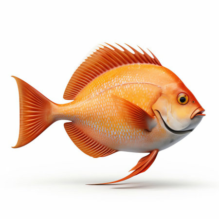 the koi pomfret, a vibrant orange and white fish, is majestically showcased in a stunning 3d profile view, its sleek scales and flowing fins beautifully rendered using cutting-edge pixar technology, set against a crisp white isolated background, perfect for aquatic enthusiasts and graphic designers alike. ai generatedの素材