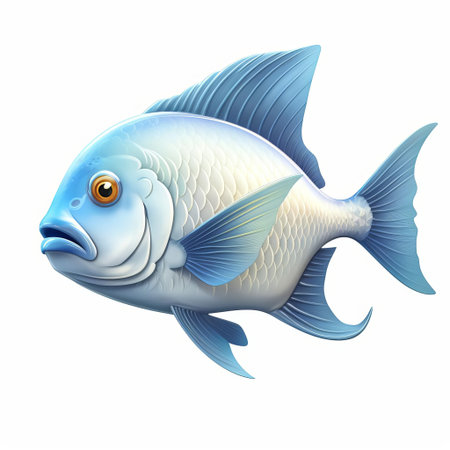 the koi pomfret, a vibrant orange fish with white and black accents, is showcased in stunning detail using pixar 3d technology, its sleek scales and flowing fins beautifully rendered in a profile view, set against a crisp white isolated background, highlighting its majestic beauty and intricate features. ai generatedの素材