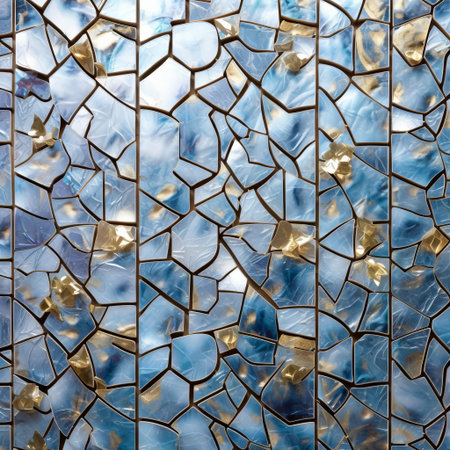 the elegant mosaic tile features a subtle blue color palette with a sophisticated gold accent, adding a touch of luxury and sophistication to any bathroom or kitchen backsplash design, perfect for creating a unique and eye-catching decorative element. ai generatedの素材