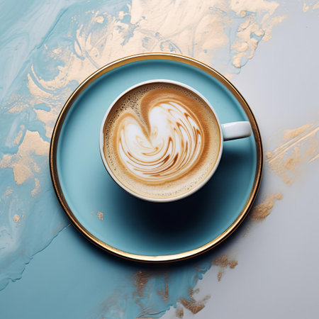 the coffee cup, adorned with a subtle blue hue and elegant gold accents, sits serenely on a rustic wooden table, evoking a sense of sophistication and refinement, perfect for a relaxing morning routine or an afternoon pick-me-up, surrounded by natural textures and earthy tones. ai generatedの素材
