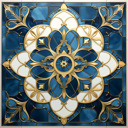 the tile tutorial features a calming and sophisticated design, showcasing a subtle blue color palette perfectly complemented by elegant gold accents, providing a comprehensive guide for diy enthusiasts and homeowners looking to add a touch of luxury to their bathroom or kitchen renovation projects. ai generatedの素材