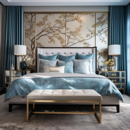the bedroom exudes serenity with its subtle blue walls, complemented by gold accents that add a touch of luxury and sophistication, creating a calming atmosphere perfect for relaxation and rejuvenation, ideal for a peaceful retreat from the world outside. ai generatedの素材