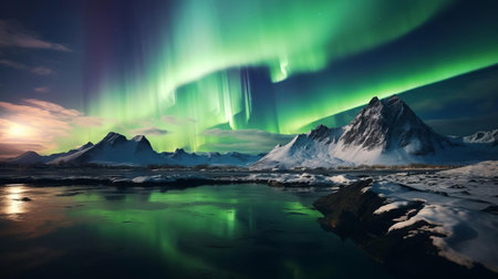 the aurora borealis, also known as the northern lights, illuminates the vast desert landscape in this breathtaking, award-winning photograph, capturing the ethereal beauty of nature's light display in the dark night sky, a rare and mesmerizing spectacle that inspires awe and wonder. ai generatedの素材