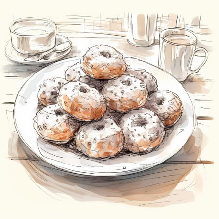 the bartender carefully arranges a colorful plate of freshly baked doughnuts on the rustic wooden bar, surrounded by steaming cups of coffee and scattered napkins, creating a warm and inviting atmosphere in this cozy morning scene, perfect for a casual breakfast or brunch gathering. ai generatedの素材