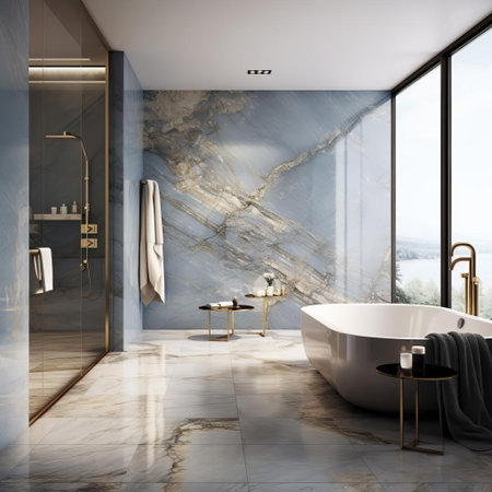 the porcelain tile features a subtle blue color with elegant gold accents, perfect for adding a touch of sophistication to any room's decor, whether it's a modern bathroom, luxurious kitchen, or stylish living area, creating a harmonious blend of classic and contemporary styles. ai generatedの素材