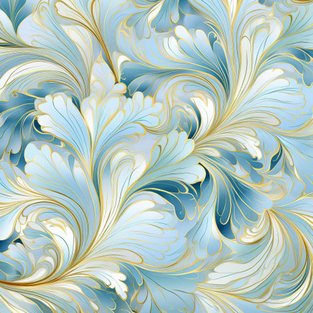 the elegant textile pattern features a subtle blue color palette with delicate gold accents, evoking a sense of luxury and sophistication, perfect for upholstery, wallpaper, or fashion design, adding a touch of refinement to any interior or apparel. ai generatedの素材